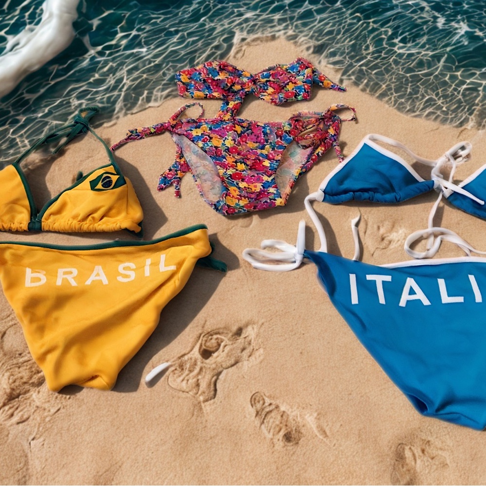 Bright Mixed string Bikini 3-Set - Yellow Brasil, Blue Italy & Floral EUC Small